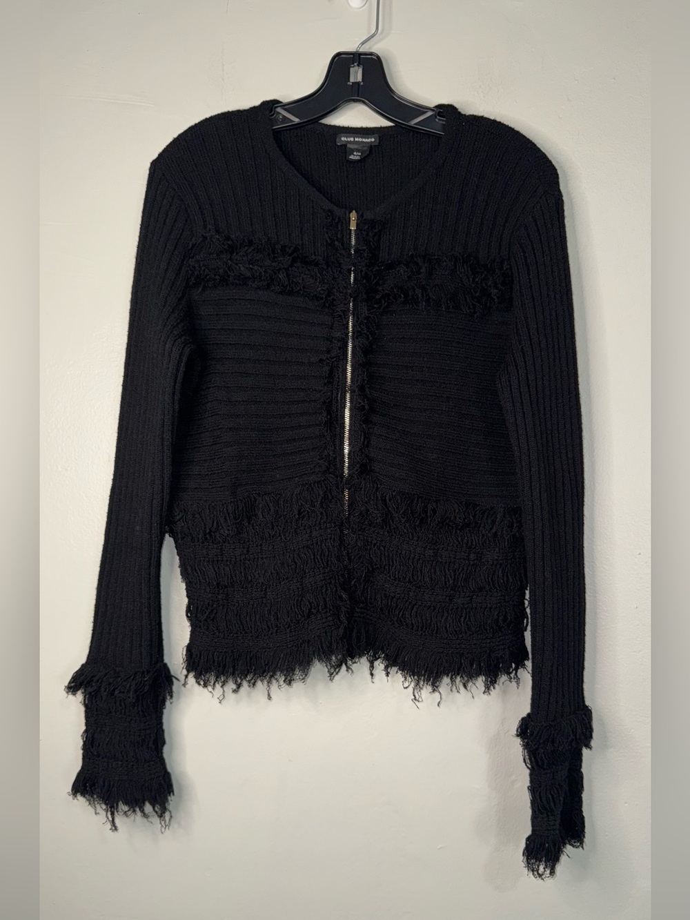 Club Monaco Black Ribbed Fringe Zip-Up Sweater Cardigan